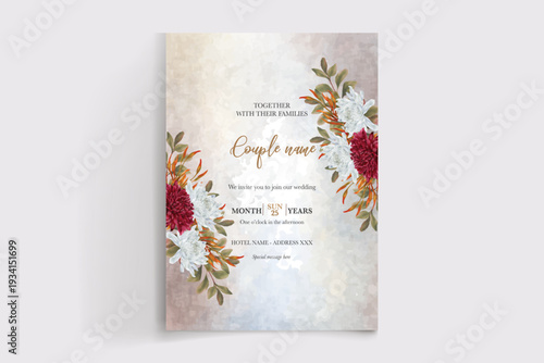 WEDDING INVITATION FRAME WITH FLOWER DECORATIONS AND FRESH LEAVES