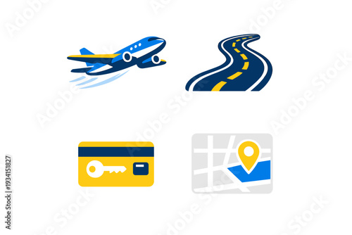 A set of four travel and transportation icons featuring a blue airplane, a winding road, a credit card with a key, and a map with a location pin on a black background.
