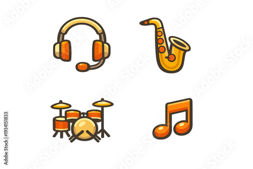 A collection of four stylized music-themed icons including headphones, a saxophone, a drum kit, and a musical note, all rendered in orange and yellow tones on a black background.