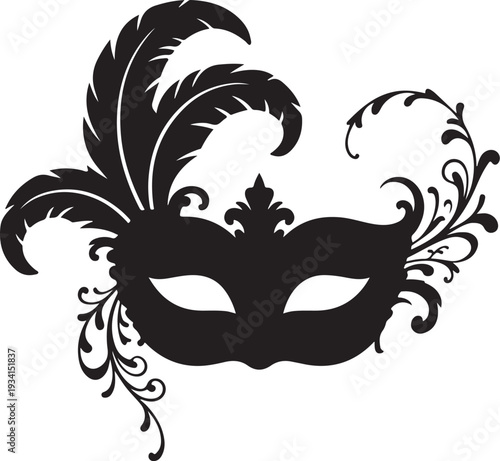 Black venetian masquerade mask with feathers and floral