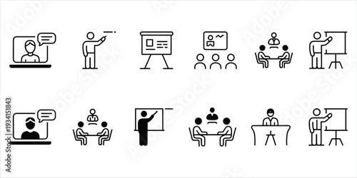 Black and white icons for online and in-person meetings and presentations online meeting video conference