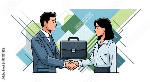 Business Partnership Handshake – Man and Woman with Briefcases, Corporate Deal Agreement Vector Illustration