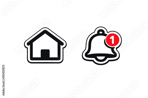 A minimalist illustration featuring a black outline of a house icon next to a bell notification icon with a red badge showing the number one on a solid black background.