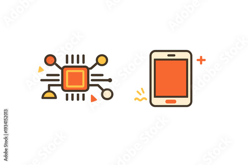 A stylized illustration featuring a computer processor chip with circuit connections next to a mobile smartphone device on a black background with warm orange tones.