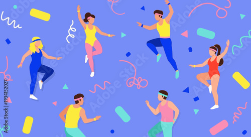 Vibrant Retro 80s Aerobics Dance Party Illustration with Diverse People Exercising in Energetic Poses and Colorful Geometric Shapes