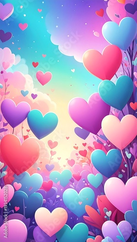 A vibrant, whimsical scene of multicolored hearts floating amidst a radiant background