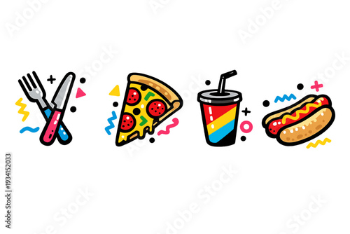 A set of four colorful fast food icons featuring a crossed fork and knife, a slice of pepperoni pizza, a soda cup with a straw, and a hot dog on a black background with geometric shapes.