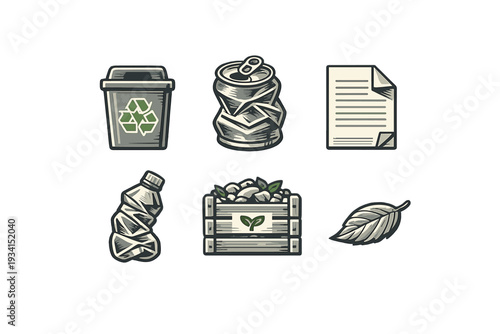 This set of six illustrated icons represents recycling and waste management, including a recycle bin, crushed can, paper, plastic bottle, compost crate, and a leaf on a solid black background.