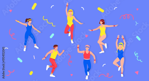 Vibrant 80s Aerobics Class Illustration: Energetic People in Retro Workout Gear with Confetti