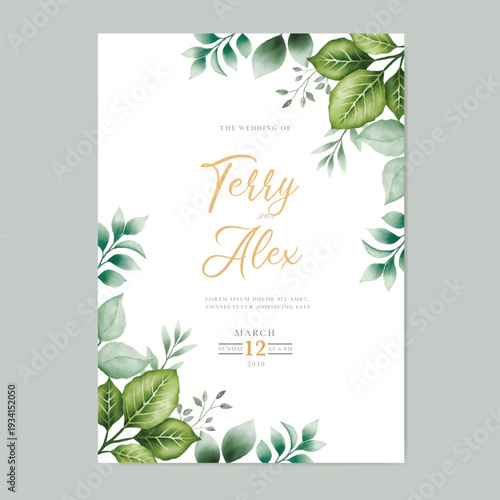 wedding invitation card template with green leaf watercolor on white background