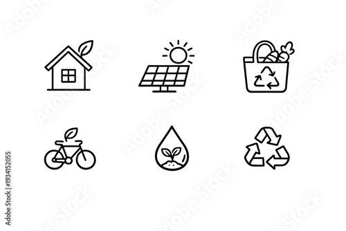 A set of six minimalist white line icons on a black background representing environmental sustainability, including solar energy, recycling, eco-friendly housing, and green transport.