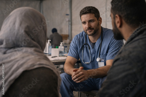 Medical worker providing consultation to displaced civilians inside temporary refugee shelter during conflict.