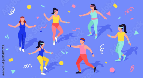 Energetic 80s Style Aerobics Class: Diverse Group Doing Retro Fitness Workout with Colorful Confetti on Purple Background