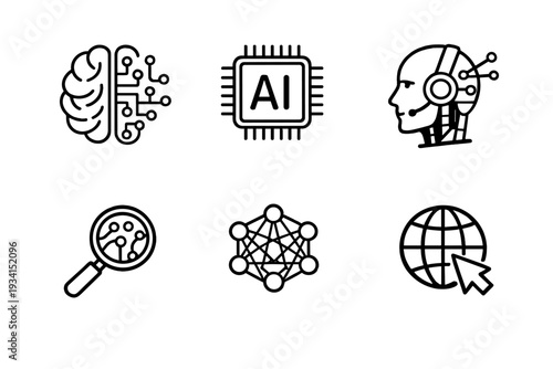 This set of six white line icons on a black background features symbols for artificial intelligence, neural networks, global connectivity, and advanced data analysis technology.
