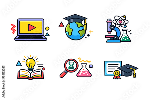 A set of six colorful education and science icons featuring a laptop, globe with graduation cap, microscope, open book with lightbulb, DNA research tools, and a diploma with a mortarboard.