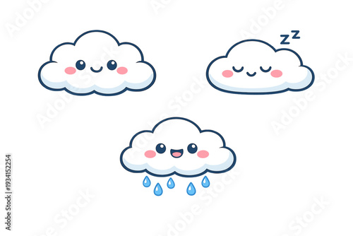 A set of three kawaii white clouds with expressive faces on a black background. One cloud smiles, another sleeps with zzz marks, and the third one is raining with a happy face.