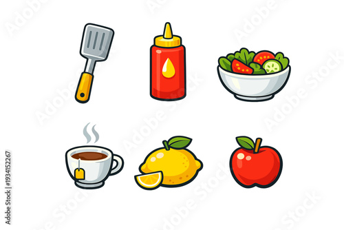 A collection of six food and kitchen icons including a spatula, a squeeze bottle, a salad bowl, a cup of tea, a lemon with a slice, and a red apple on a black background.
