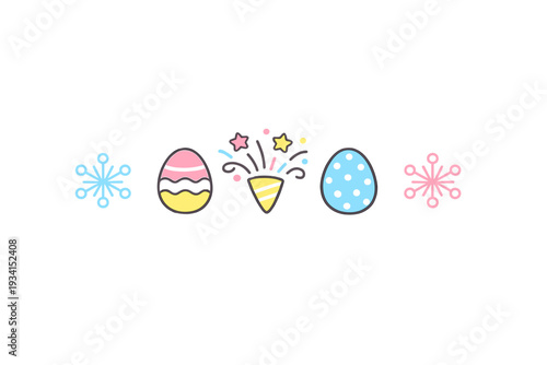 Five colorful holiday icons featuring two decorated Easter eggs, a party popper with stars, and two snowflake-like shapes arranged in a line on a black background.