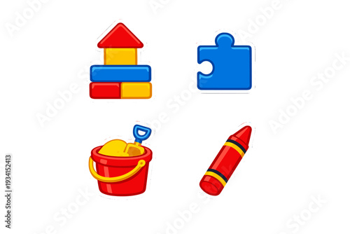 Four vibrant toy stickers including a house made of blocks, a blue puzzle piece, a red bucket filled with sand, and a red crayon, all set against a black background.