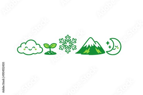 A row of five green nature-themed icons featuring a smiling cloud, a small sprout, a snowflake, a mountain peak, and a smiling crescent moon with stars on a black background.