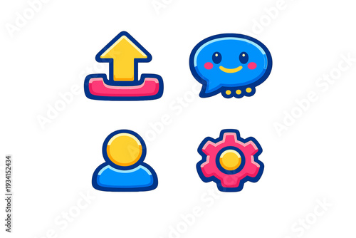 A set of four colorful cartoon icons including an upload arrow, a smiling chat bubble, a user profile, and a gear for settings, all featuring a glossy finish on a black background.