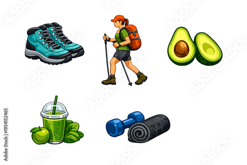 A collection of healthy lifestyle illustrations featuring hiking boots, a female hiker with gear, a halved avocado, a green smoothie, a blue dumbbell, and a rolled yoga mat.