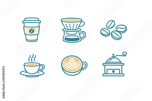 A collection of six coffee-themed icons featuring a takeaway cup, pour-over dripper, coffee beans, a steaming mug, latte art, and a manual grinder on a black background.