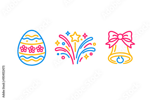 Three colorful neon line art icons representing celebration, including a decorated Easter egg, a firework burst with stars, and a bell with a pink bow on a black background.