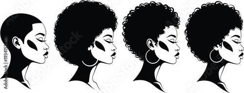 Profile Silhouette Set of Black Women with Natural Afro Hairstyles and Hoop Earrings for Beauty Hair Care and Diversity Design