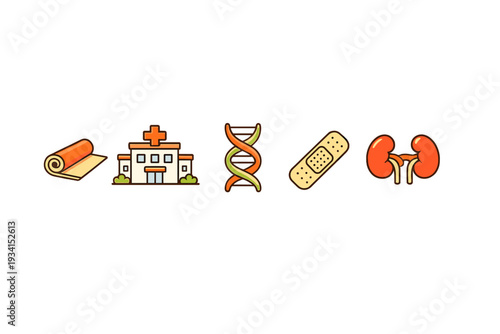 A collection of five medical and health-related icons including a yoga mat, a hospital building, a DNA strand, an adhesive bandage, and human kidneys, all set against a black background.