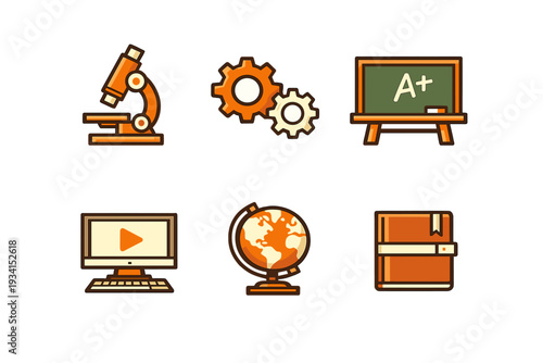 A collection of six education and science icons featuring a microscope, gears, a chalkboard with an A plus grade, a computer monitor, a globe, and a notebook on a black background.