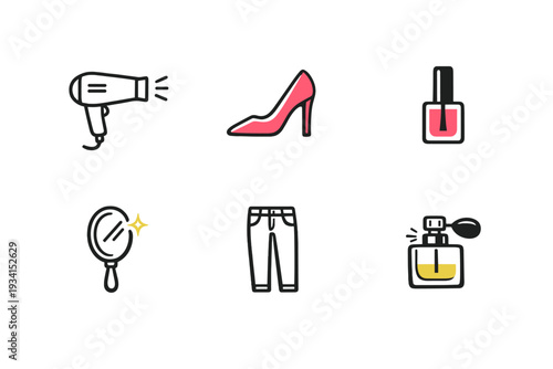 A collection of six minimalist beauty and fashion icons including a hair dryer, high-heeled shoe, nail polish, hand mirror, jeans, and perfume bottle set against a solid black background.