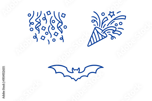 This set of blue minimalist icons includes a festive party popper with streamers, a cluster of falling confetti, and a simple bat silhouette, presented on a dark black background.