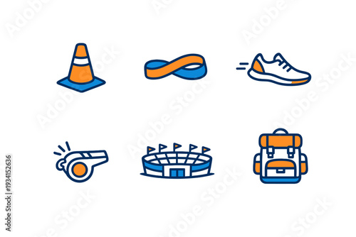 A set of six sports and fitness icons featuring a traffic cone, infinity loop, running shoe, whistle, stadium, and backpack in orange and blue colors on a black background.