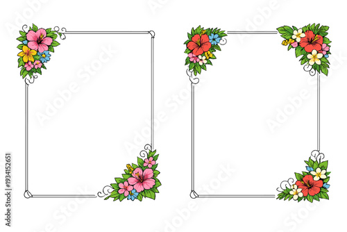 Two rectangular white frames decorated with colorful tropical flowers and green leaves on a black background. The floral arrangements include hibiscus and frangipani blossoms.