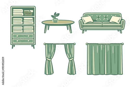 A collection of green and beige furniture and home decor illustrations including a cabinet, coffee table with a plant, sofa, and curtains on a black background.