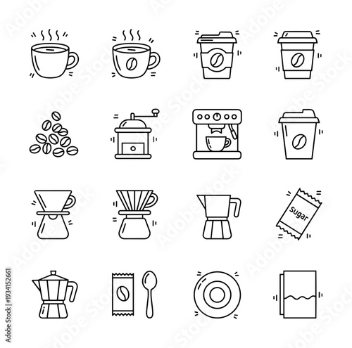 Collection of coffee-related icons including cups, beans, grinders, and brewing equipment