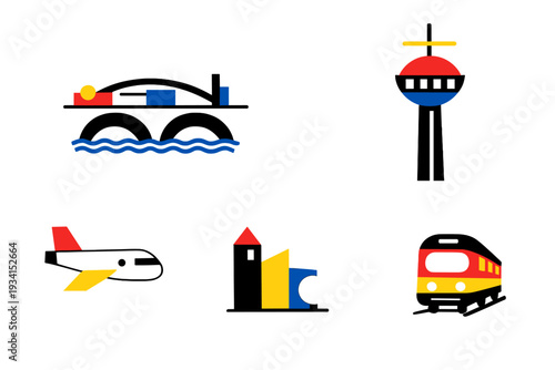 A collection of minimalist geometric illustrations depicting various modes of transportation and city landmarks including an airplane, a train, a bridge, and buildings on a black background.