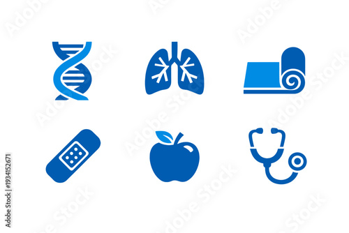 A collection of six blue health and wellness icons featuring a DNA strand, lungs, a yoga mat, a bandage, an apple, and a stethoscope, all set against a solid black background.
