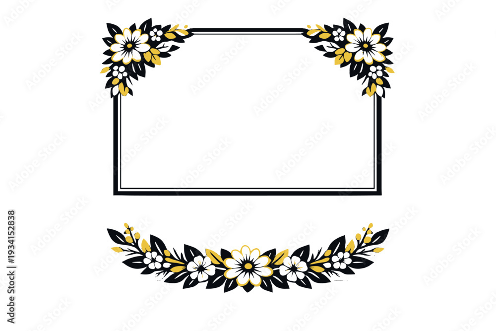 Obraz premium A black rectangular frame with white and yellow floral decorations in the corners and a matching curved flower garland below, set against a solid black background.