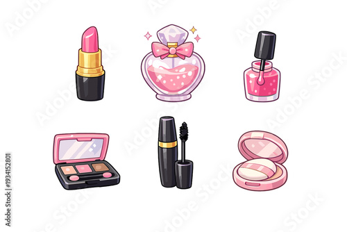 This illustration features six stylized beauty items: pink lipstick, a perfume bottle with a bow, nail polish, an eyeshadow palette, mascara, and a powder compact on a black background.
