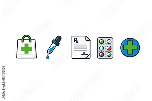 A collection of medical icons including a pharmacy bag, an eye dropper, a prescription form, a blister pack of pills, and a green cross symbol, all set against a solid black background.