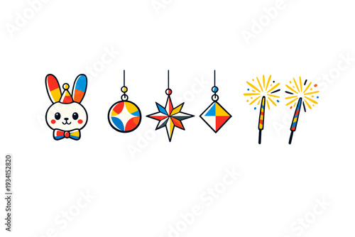 A collection of colorful festive icons including a rabbit with a party hat, geometric ornaments, and sparklers, all set against a solid black background in a flat vector style.