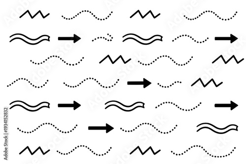 This set features various black minimalist line art elements such as zigzags, wavy strokes, dotted paths, and directional arrows arranged on a plain white background.