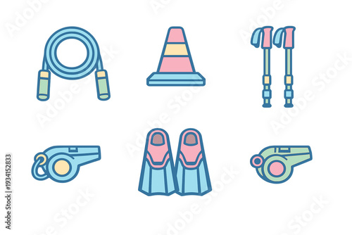 A set of six flat icons representing sports and fitness equipment, including a jump rope, a traffic cone, trekking poles, two whistles, and a pair of swim fins on a black background.