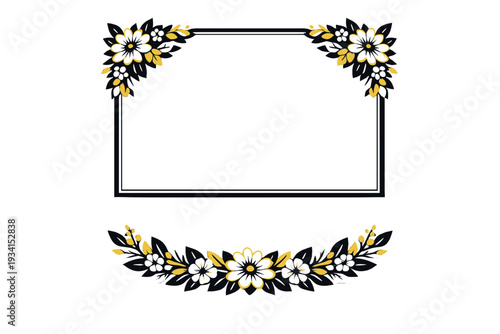 A black rectangular frame with white and yellow floral decorations in the corners and a matching curved flower garland below, set against a solid black background.