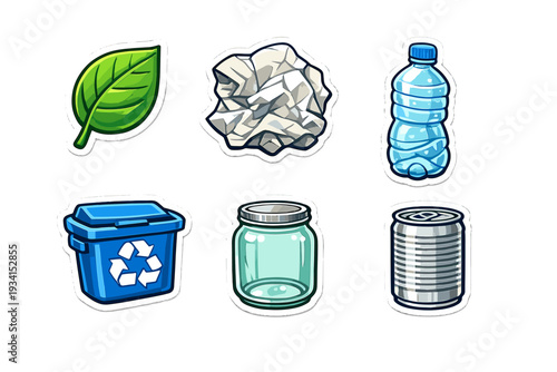 A collection of six illustrated stickers featuring a green leaf, crumpled paper, a plastic bottle, a blue recycling bin, a glass jar, and a metal can on a black background.