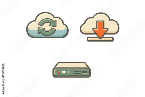 Three stylized icons representing cloud computing and data storage are displayed on a black background, including a sync cloud, a download cloud, and a hardware server unit.