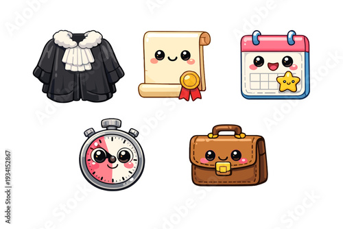 A collection of five cute cartoon icons including a judicial robe, a smiling scroll with a seal, a calendar with a star, a stopwatch, and a brown briefcase on a black background.
