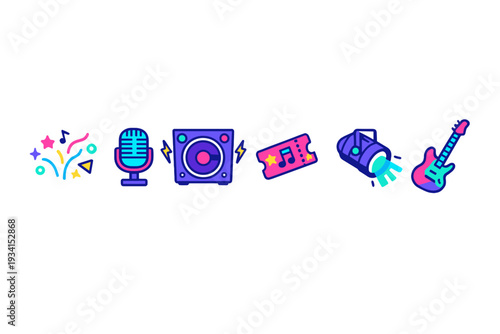 A collection of vibrant neon icons representing music and entertainment, including a microphone, speaker, ticket, spotlight, and electric guitar, set against a solid black background.